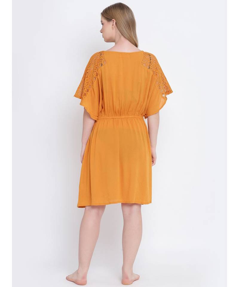 Majestic mustard laced up women nightwear dress