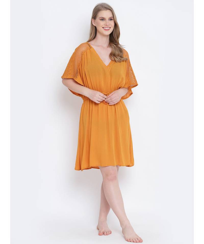 Majestic mustard laced up women nightwear dress