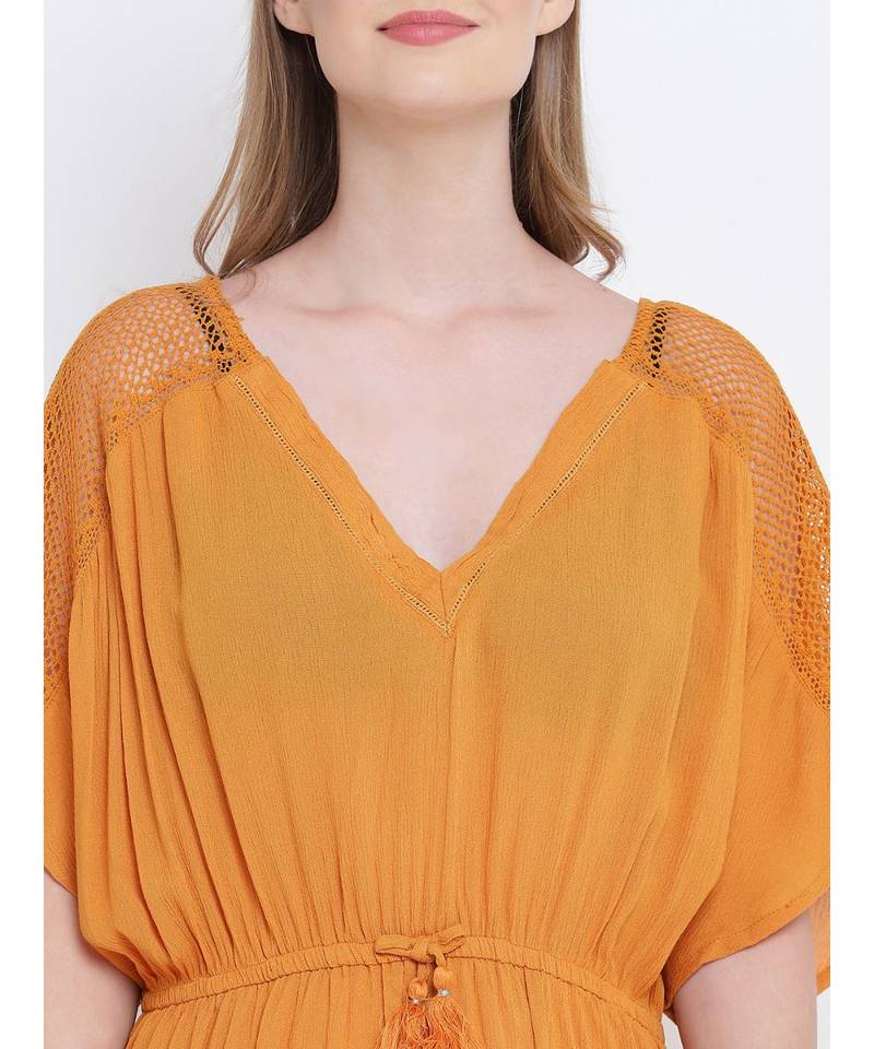 Majestic mustard laced up women nightwear dress