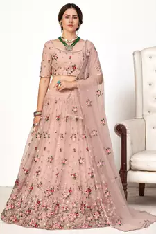 Pink embroidered net semi stitched wedding lehenga
