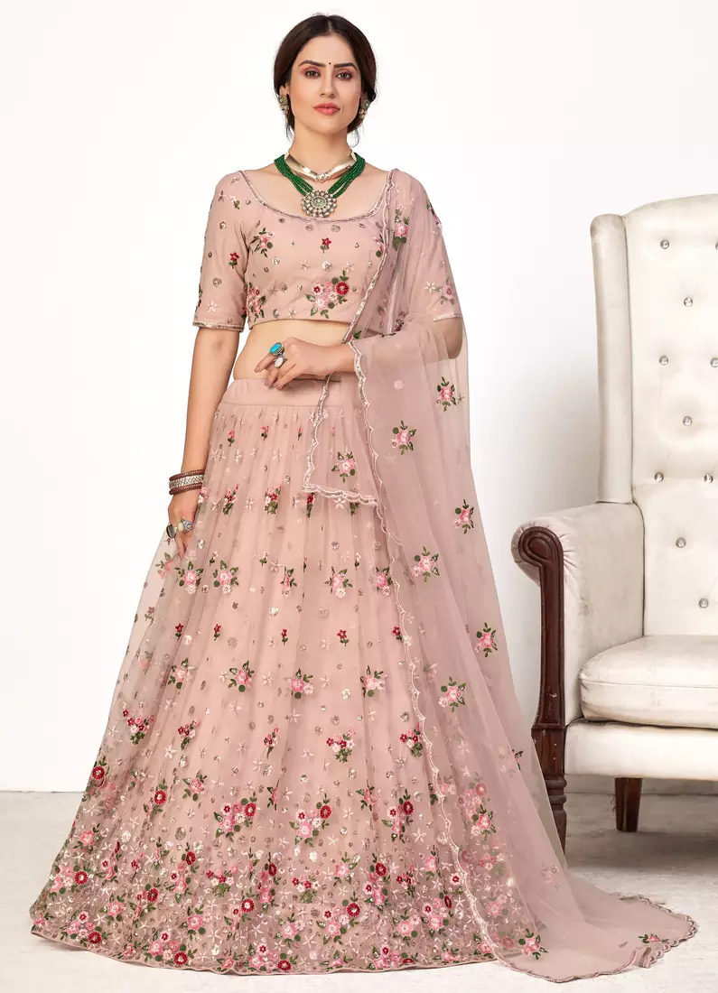 Pink embroidered net semi stitched wedding lehenga