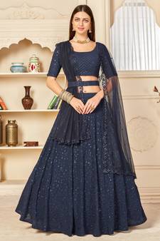 Navy-blue embroidered georgette semi stitched lehenga