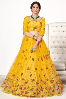 Yellow embroidered net semi stitched ceremonial lehenga