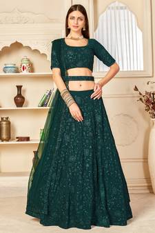 Green embroidered georgette semi stitched lehenga