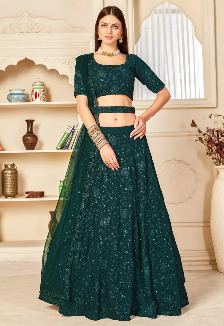 Green embroidered georgette semi stitched lehenga
