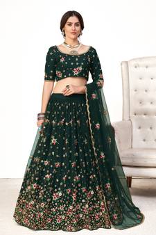 Green embroidered net semi stitched bridal lehenga