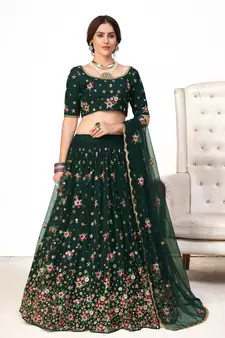 Green embroidered net semi stitched bridal lehenga