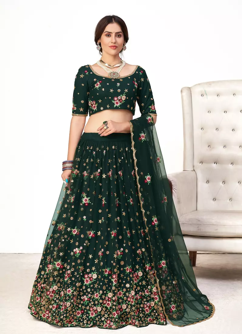 Green embroidered net semi stitched bridal lehenga