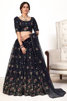Navy-blue embroidered net semi stitched party lehenga
