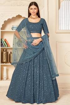 Grey embroidered georgette semi stitched lehenga
