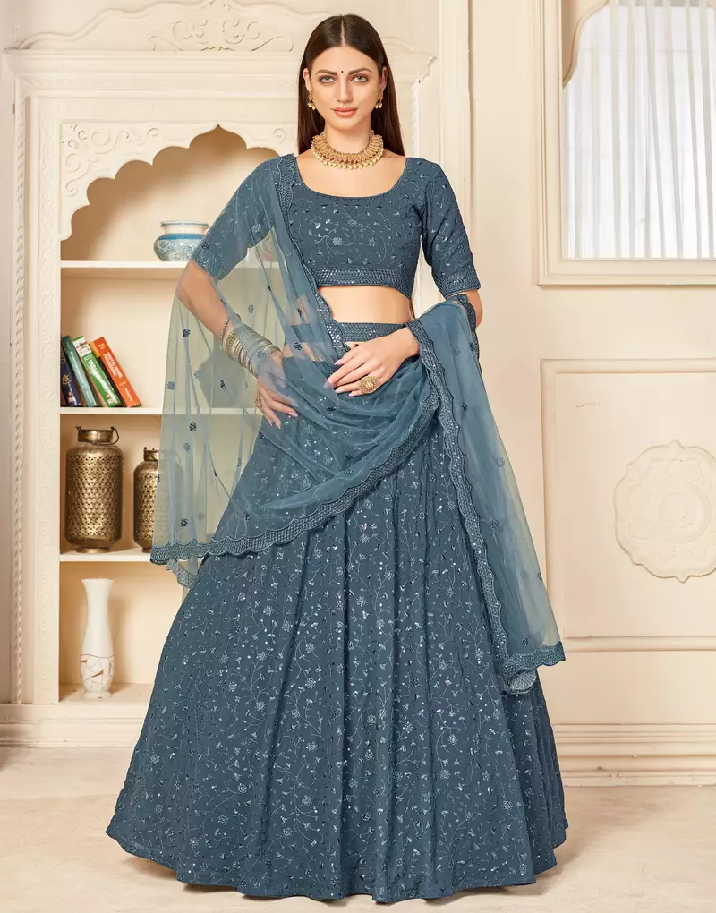 Grey embroidered georgette semi stitched lehenga
