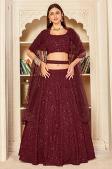 Maroon embroidered georgette semi stitched lehenga