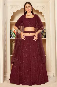 Maroon embroidered georgette semi stitched lehenga