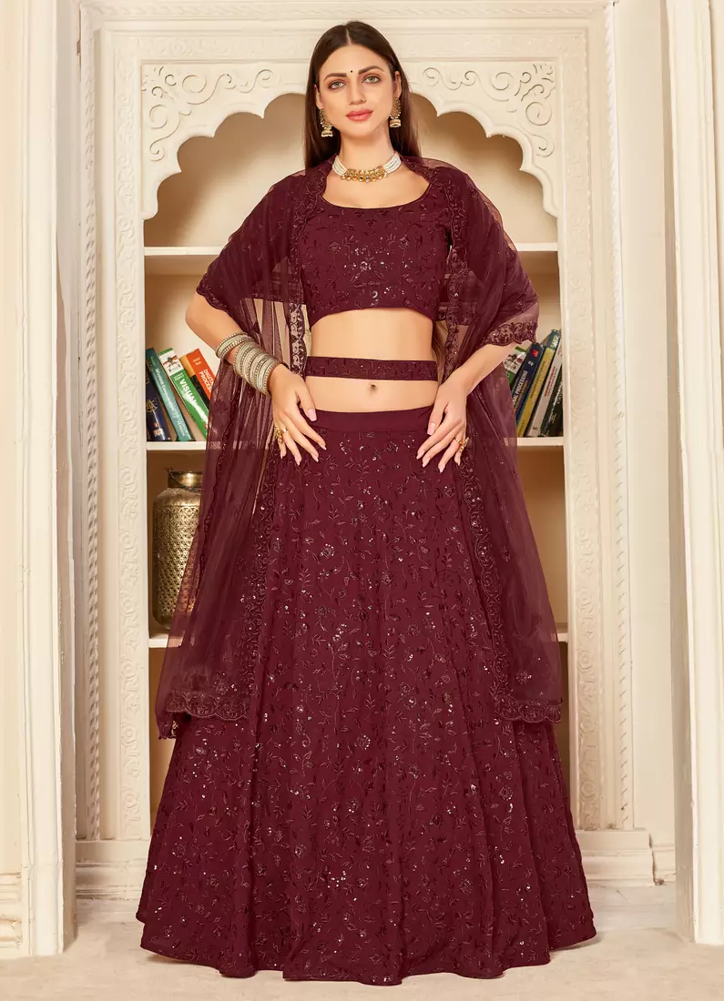 Maroon embroidered georgette semi stitched lehenga