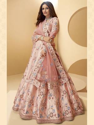 Pink embroidered silk semi stitched lehenga 1