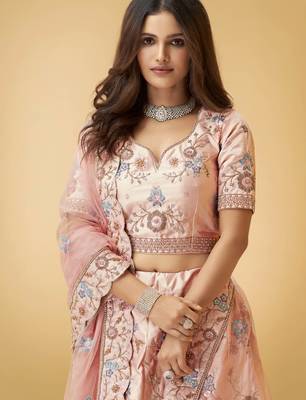 Pink embroidered silk semi stitched lehenga 2