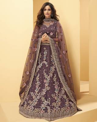 Light-wine embroidered net semi stitched lehenga 1