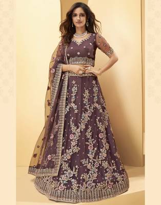 Light-wine embroidered net semi stitched lehenga 2
