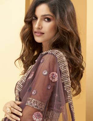 Light-wine embroidered net semi stitched lehenga 3