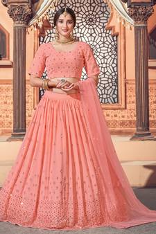 Peach embroidered georgette semi stitched lehenga