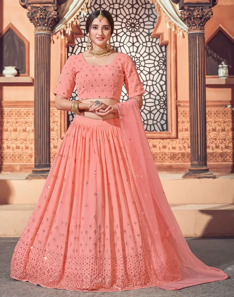 Peach embroidered georgette semi stitched lehenga