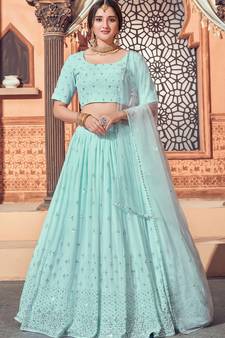 Sky-blue embroidered georgette semi stitched lehenga