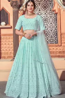 Sky-blue embroidered georgette semi stitched lehenga