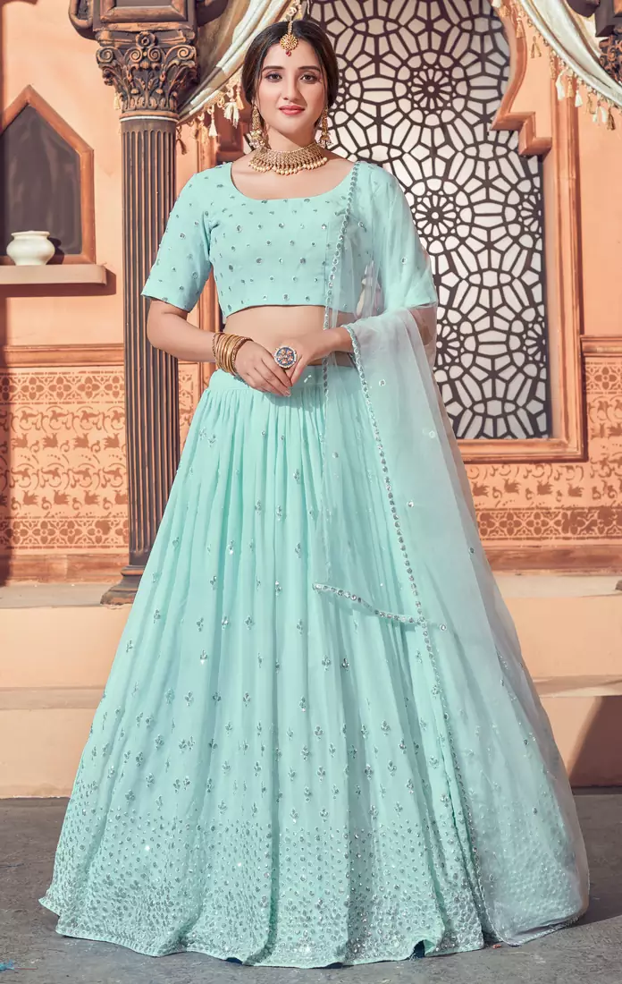 Sky-blue embroidered georgette semi stitched lehenga