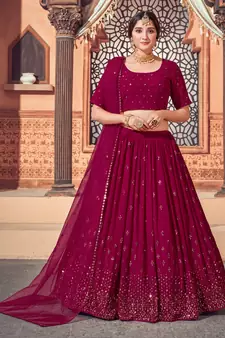 Dark-pink embroidered georgette semi stitched lehenga