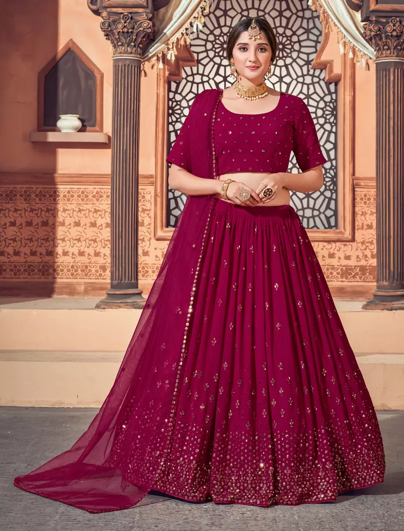 Dark-pink embroidered georgette semi stitched lehenga