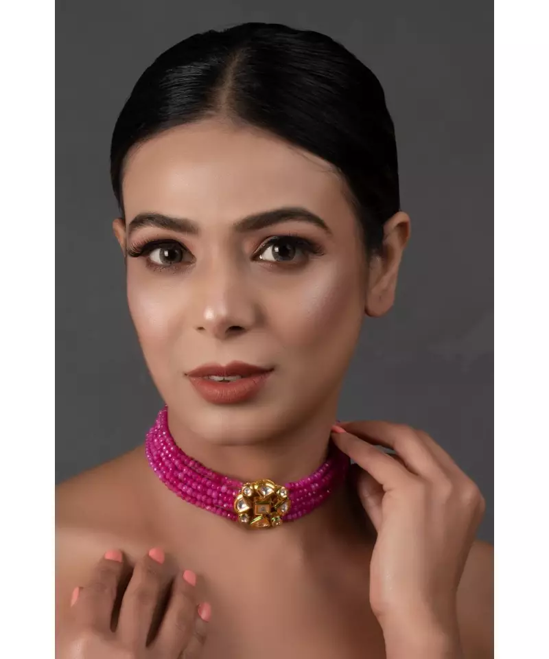 Pink Gold Tone Kundan Beaded Choker Necklace