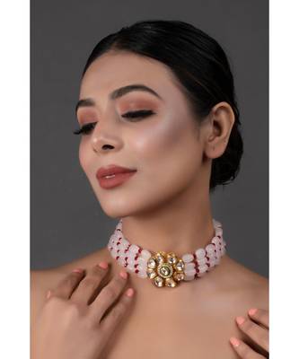 Pastel Pink Mahroon Beaded Gold Tone Kundan Inspired Choker 1