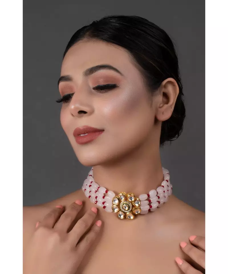 Pastel Pink mahroon beaded Gold Tone Kundan Inspired choker