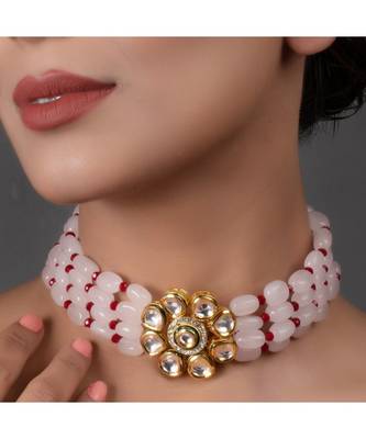 Pastel Pink Mahroon Beaded Gold Tone Kundan Inspired Choker 2