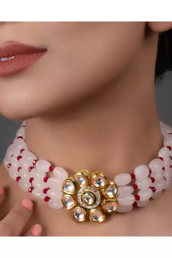 Pastel Pink Mahroon Beaded Gold Tone Kundan Inspired Choker