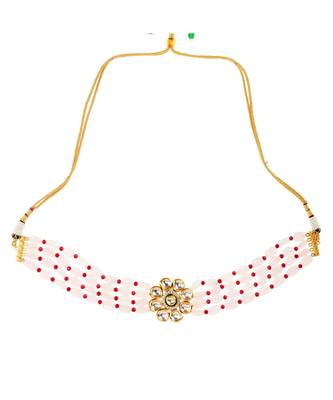 Pastel Pink Mahroon Beaded Gold Tone Kundan Inspired Choker 3