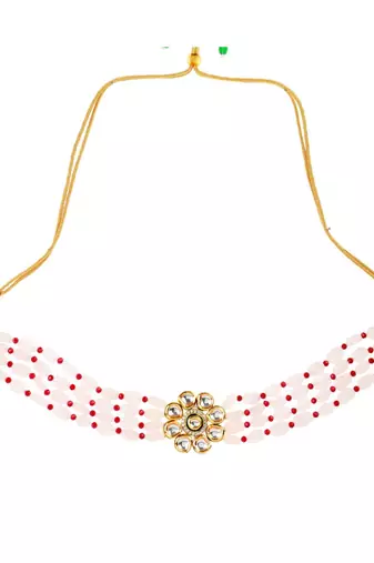 Pastel Pink Mahroon Beaded Gold Tone Kundan Inspired Choker