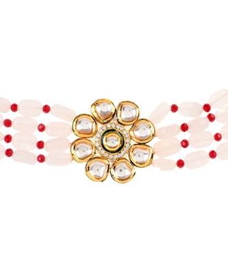 Pastel Pink Mahroon Beaded Gold Tone Kundan Inspired Choker 4