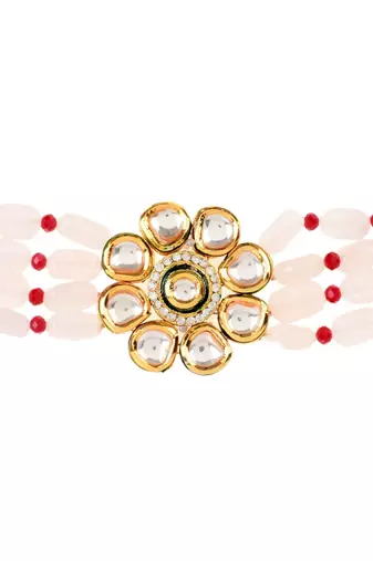 Pastel Pink Mahroon Beaded Gold Tone Kundan Inspired Choker