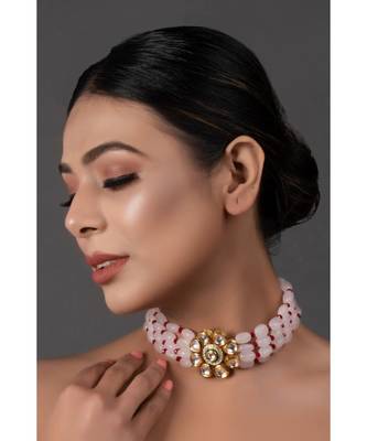 Pastel Pink Mahroon Beaded Gold Tone Kundan Inspired Choker 5