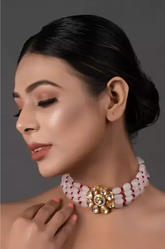 Pastel Pink Mahroon Beaded Gold Tone Kundan Inspired Choker