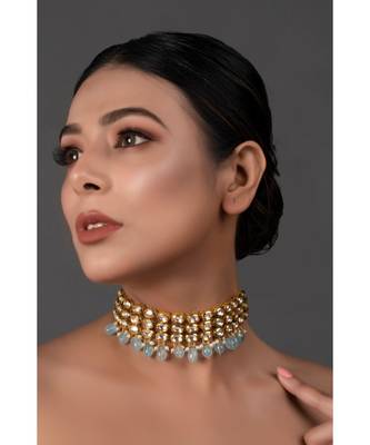 Blue Gold Tone Kundan Beaded Choker Necklace 1