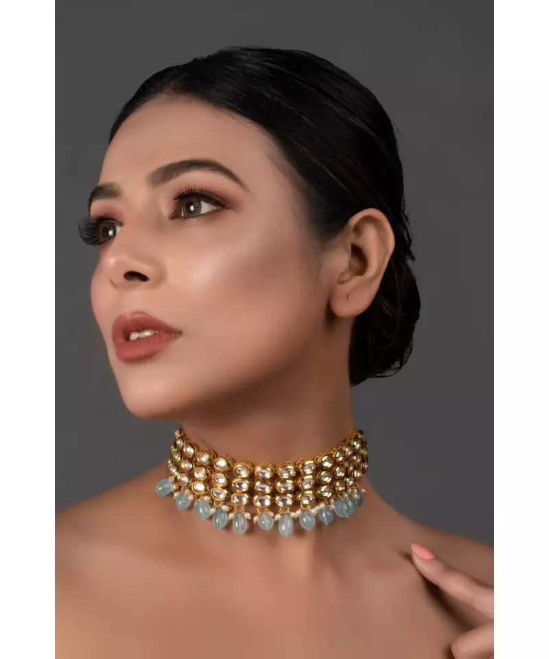Blue Gold Tone Kundan Beaded Choker Necklace