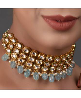 Blue Gold Tone Kundan Beaded Choker Necklace 2