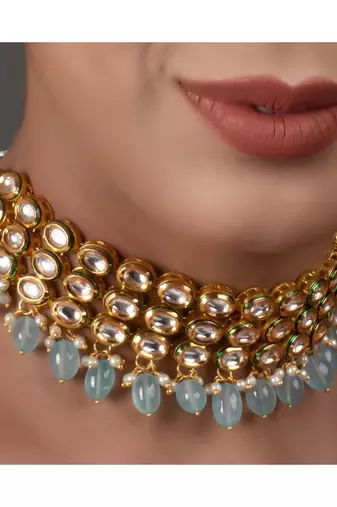 Blue Gold Tone Kundan Beaded Choker Necklace