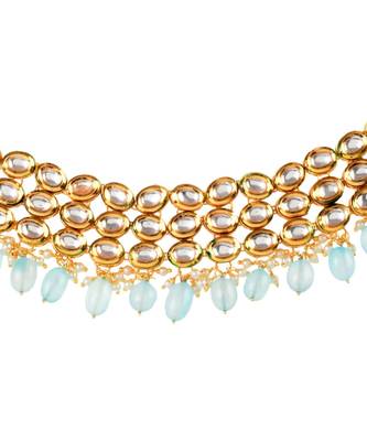 Blue Gold Tone Kundan Beaded Choker Necklace 4