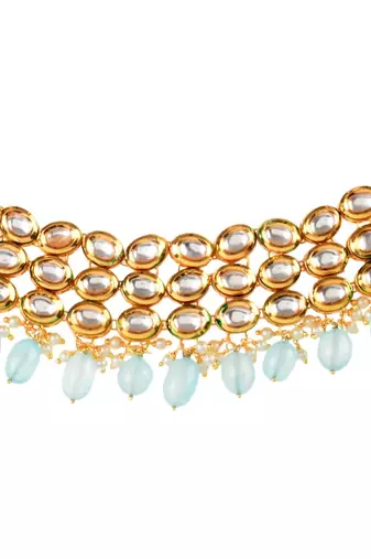 Blue Gold Tone Kundan Beaded Choker Necklace