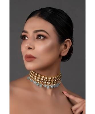 Blue Gold Tone Kundan Beaded Choker Necklace 5