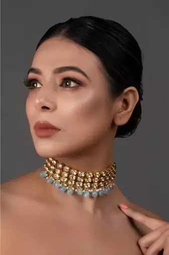 Blue Gold Tone Kundan Beaded Choker Necklace