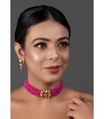 Pink Gold Tone Kundan Beaded Choker Necklace With Earrings